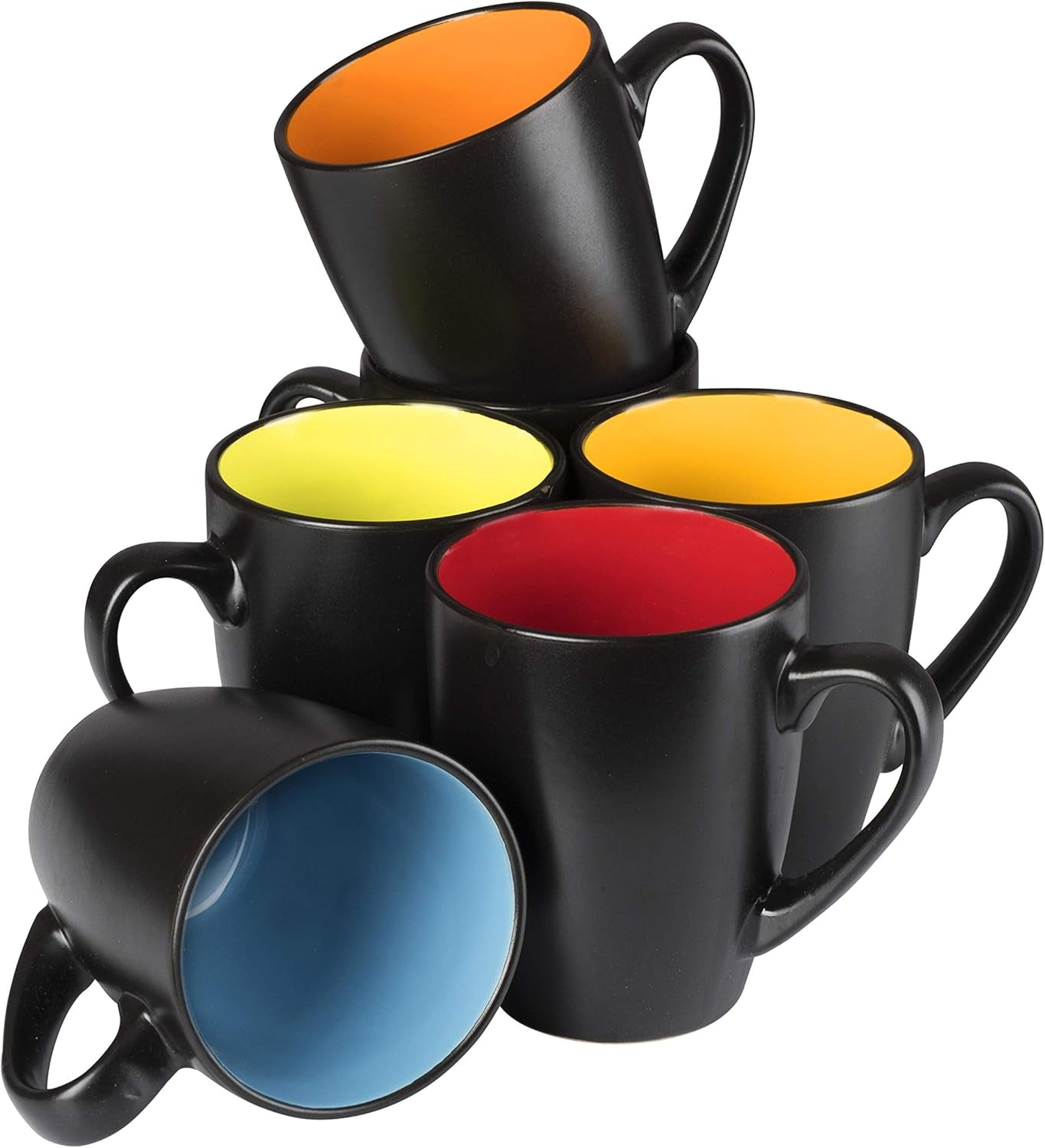Stylish Black Coffee Mug Set of 6 - 14oz Stoneware Mugs with Vibrant Multi-Color Interiors for Every Beverage Occasion