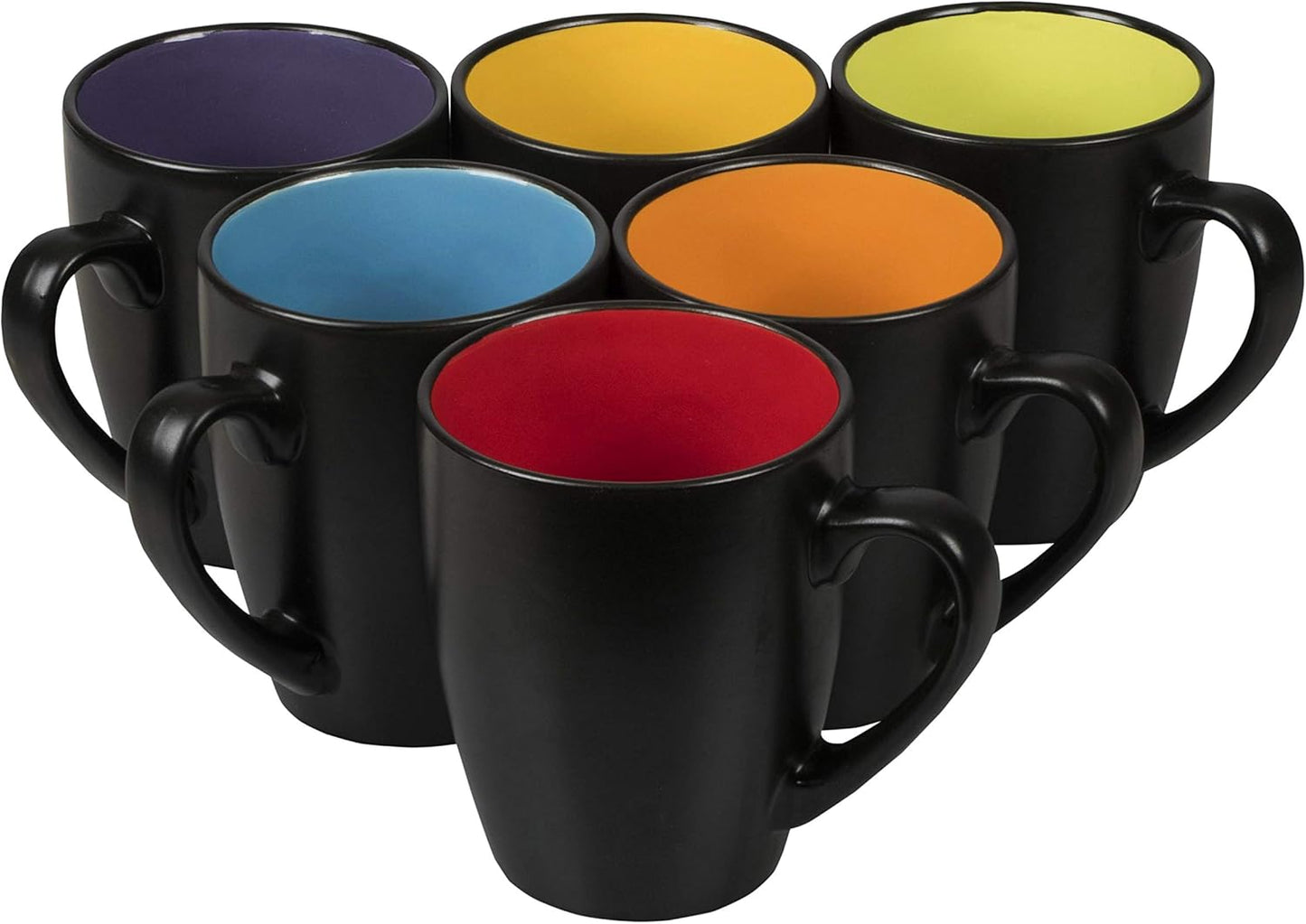 Stylish Black Coffee Mug Set of 6 - 14oz Stoneware Mugs with Vibrant Multi-Color Interiors for Every Beverage Occasion