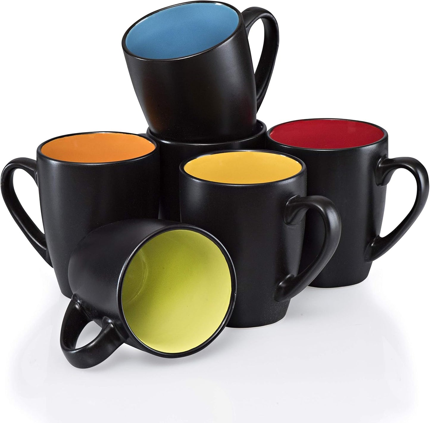 Stylish Black Coffee Mug Set of 6 - 14oz Stoneware Mugs with Vibrant Multi-Color Interiors for Every Beverage Occasion
