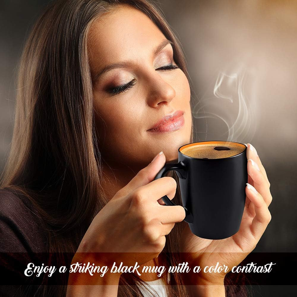 Stylish Black Coffee Mug Set of 6 - 14oz Stoneware Mugs with Vibrant Multi-Color Interiors for Every Beverage Occasion