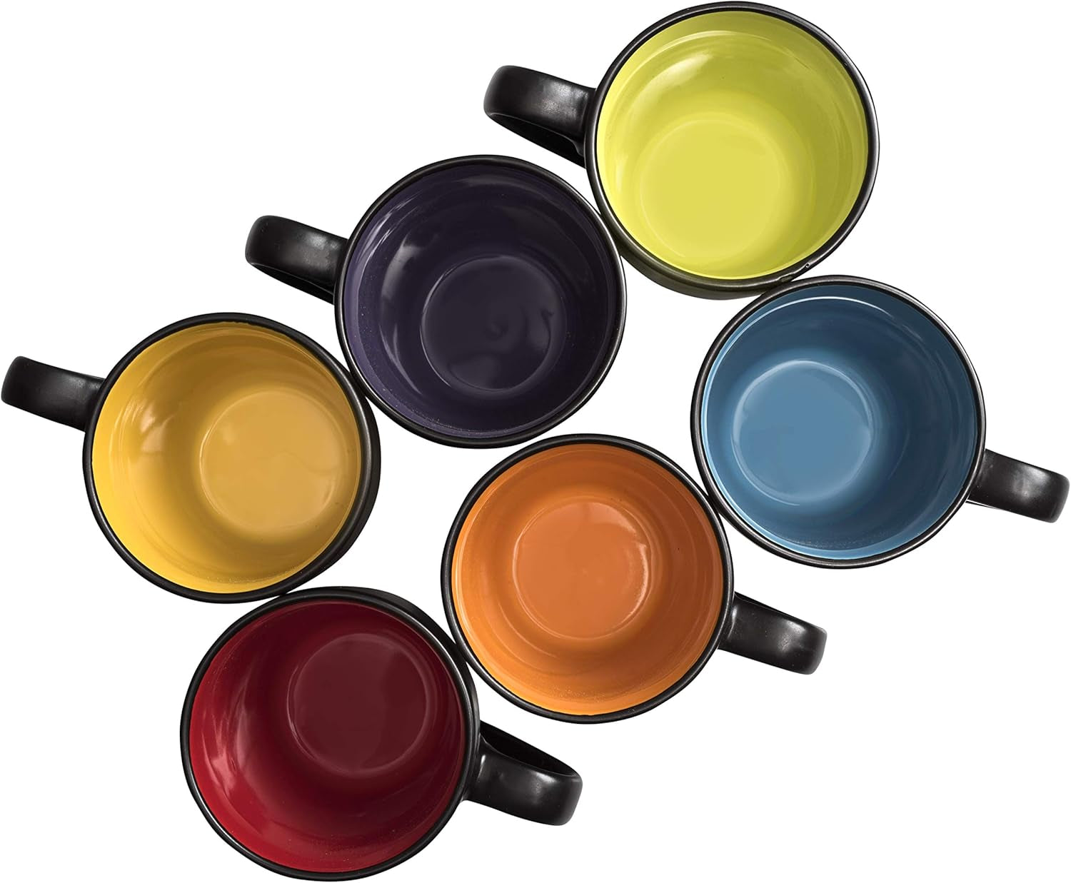Stylish Black Coffee Mug Set of 6 - 14oz Stoneware Mugs with Vibrant Multi-Color Interiors for Every Beverage Occasion